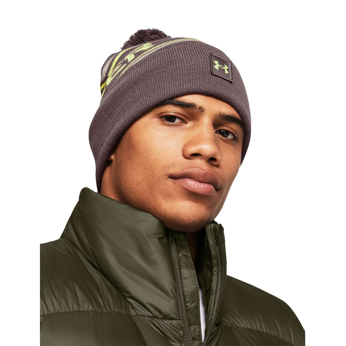 Under Armour Halftime Pom Beanie - Ash Taupe/Lime Yellow